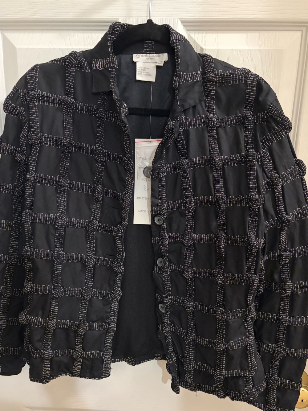 Great Cavalier Textured Grid Black Button-Front Blazer Jacket